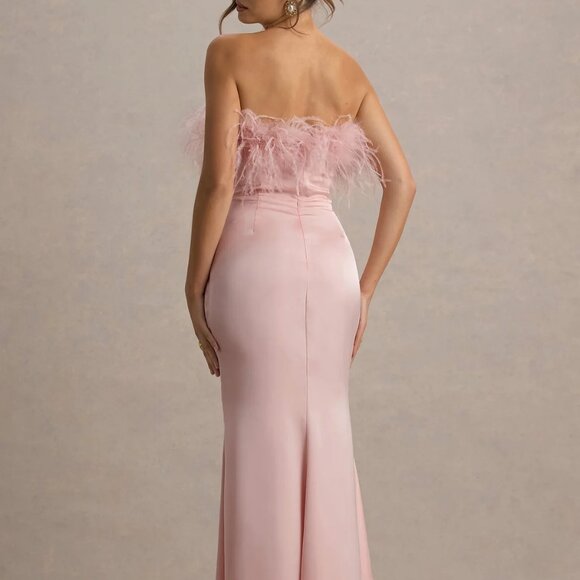 Club London Pale Pink Satin Feather Trim Bandeau Maxi Dress - Picture 2 of 6